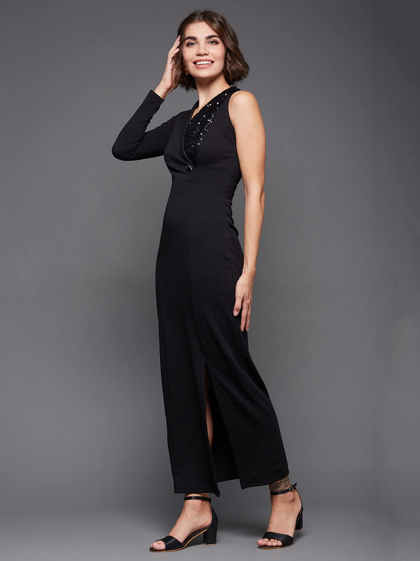 Miss Chase Women's Black Solid Asymmetric Sequined Maxi Dress (MCAW22D98-15-62-04, Black, M)