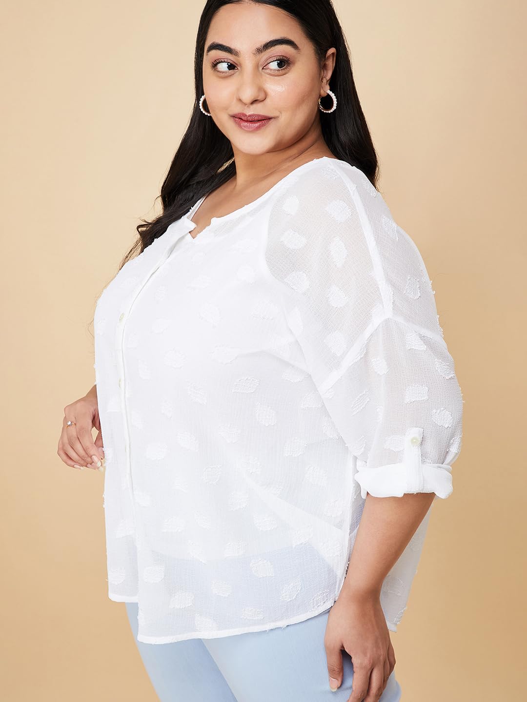 Max Women Plus Size Textured Blouse with Cami Top (WVN3206P_Ivory)