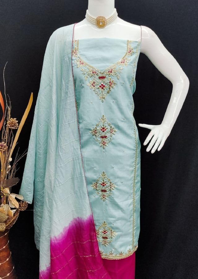 VARNI FABRICS Coco Silk Dress Material for Women Embroidered Unstitched Woman Salwar Suit Dress Material With Jari Dupatta Mint Green