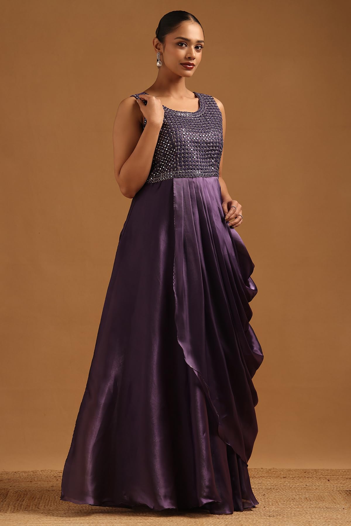 Soch Womens Purple Tissue Embellished Gown with Mirror Work