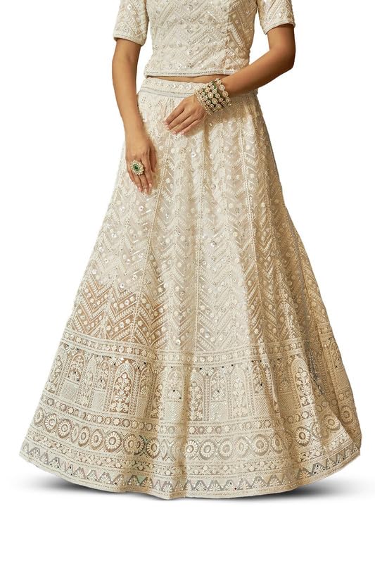 Soch Womens Cream Net Embroidered and Sequin Embellished Unstitched Lehenga Set