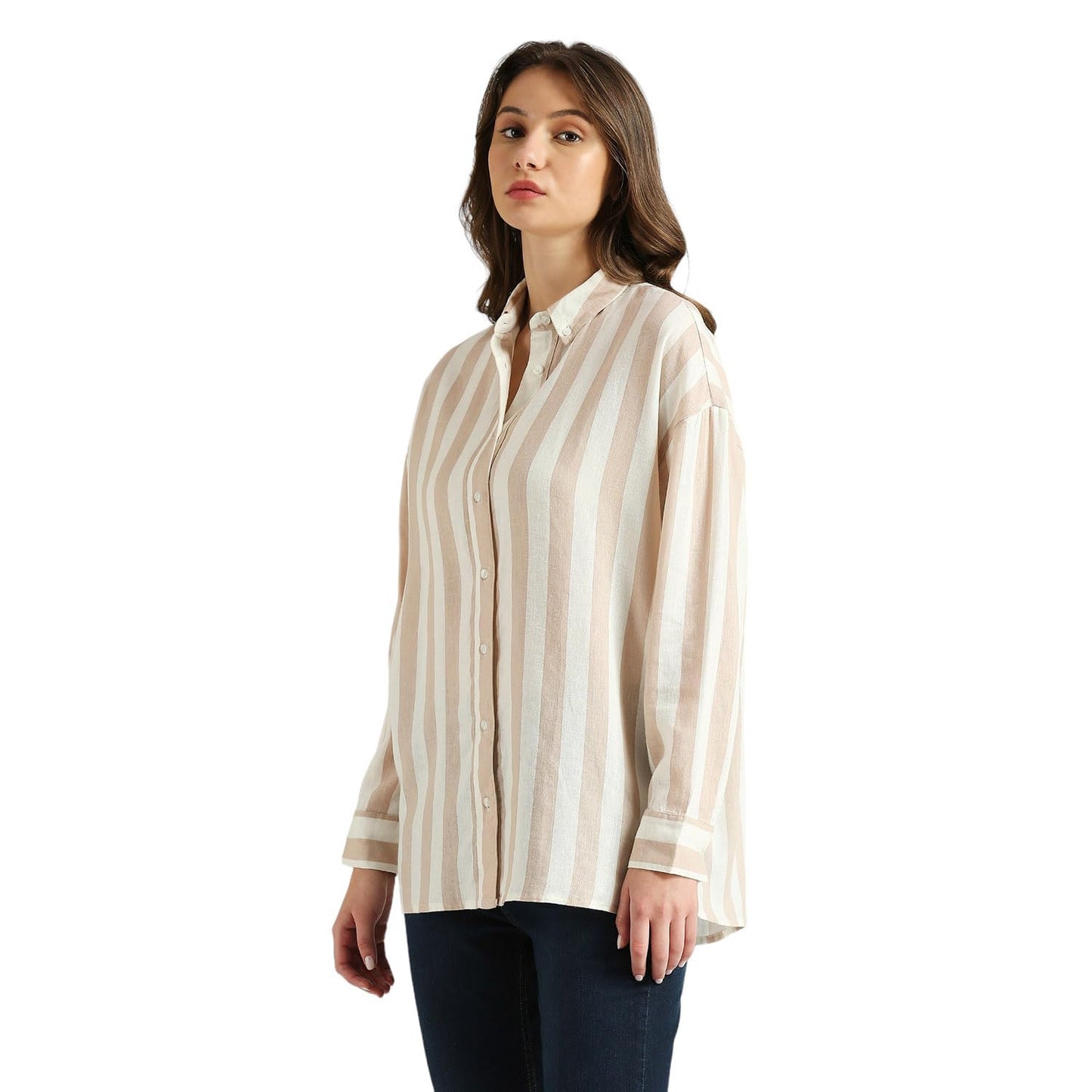 Pepe Jeans Women's Striped Relaxed Fit Shirt (PL304899_Beige