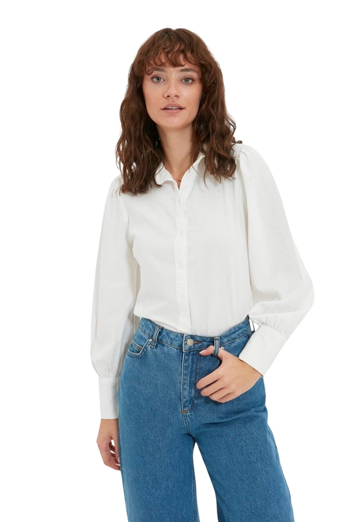 Trendyol Women Regular Basic Shirt Collar Woven Shirt, White, 42