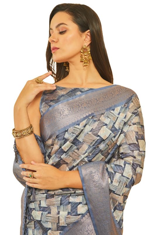 Soch Womens Blue Geometric Print Chanderi Jacquard Weave Saree