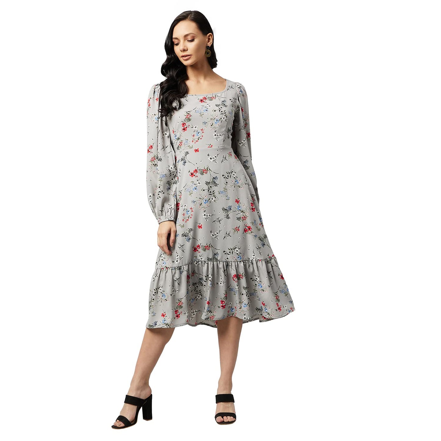 Carlton London Women's Crepe Fit and Flare Midi Dress (CL545_Grey_L)