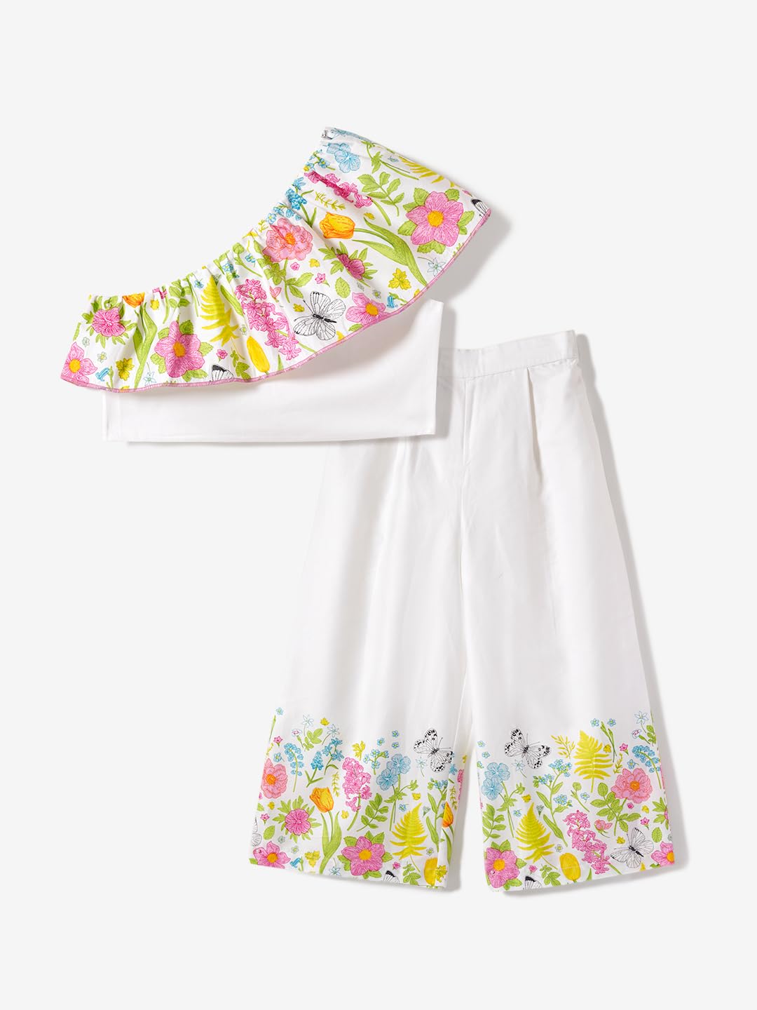 Nautinati Girls Floral Printed One Shoulder Top with Pants Set