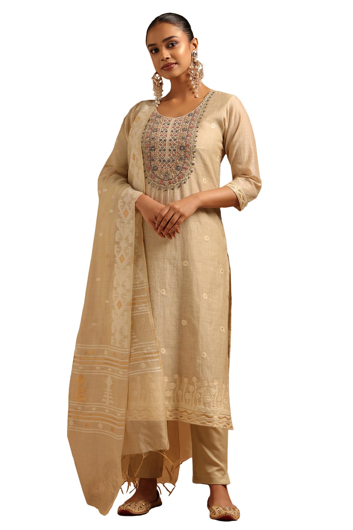 Soch Womens Beige Linen Floral Salwar Suit With Thread Work