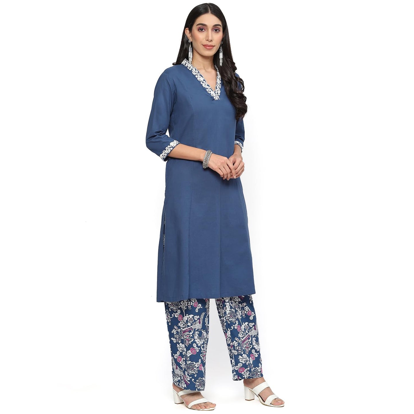 BIBA WOMEN SOLID STRAIGHT SALWAR KURTA DUPATTA(SKDINDIE ST8125_BLUE_38)