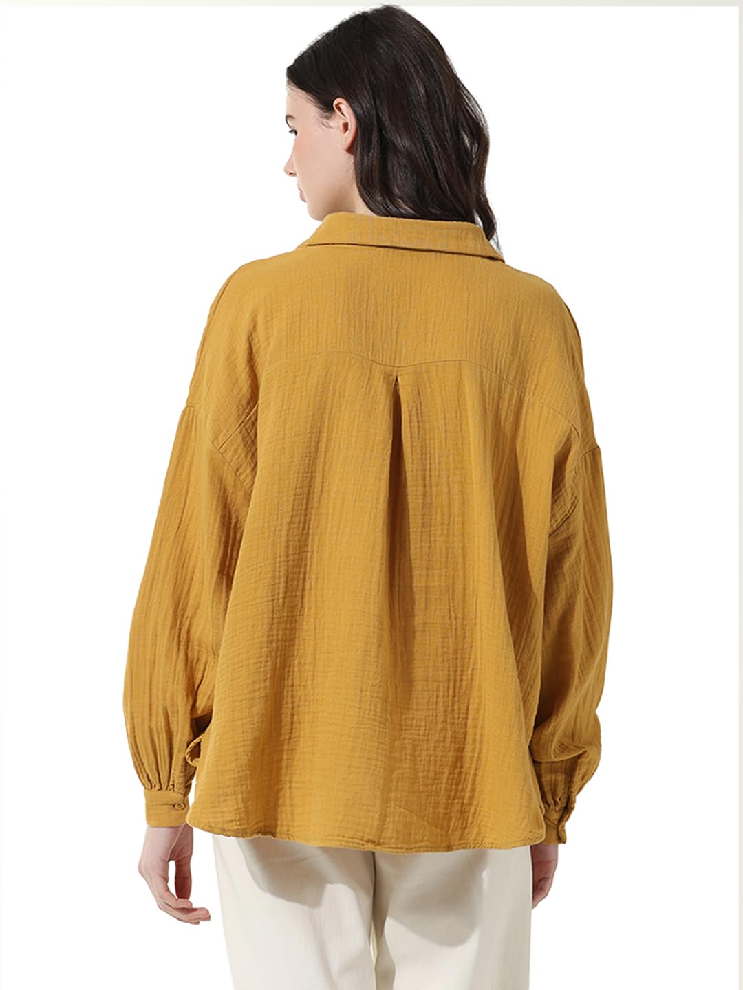 ONLY Women's Solid Oversized Fit Shirt (15334564-Harvest Gold_Harvest