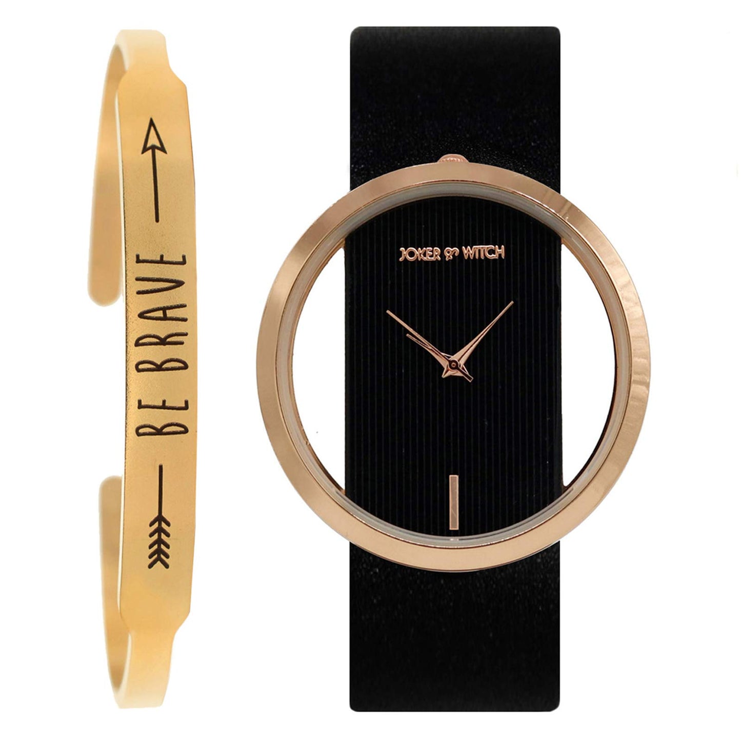 Joker & Witch Synthetic Aurora Rosegold And Black Dial Analog Watch Bracelet Set For Women, Black Band