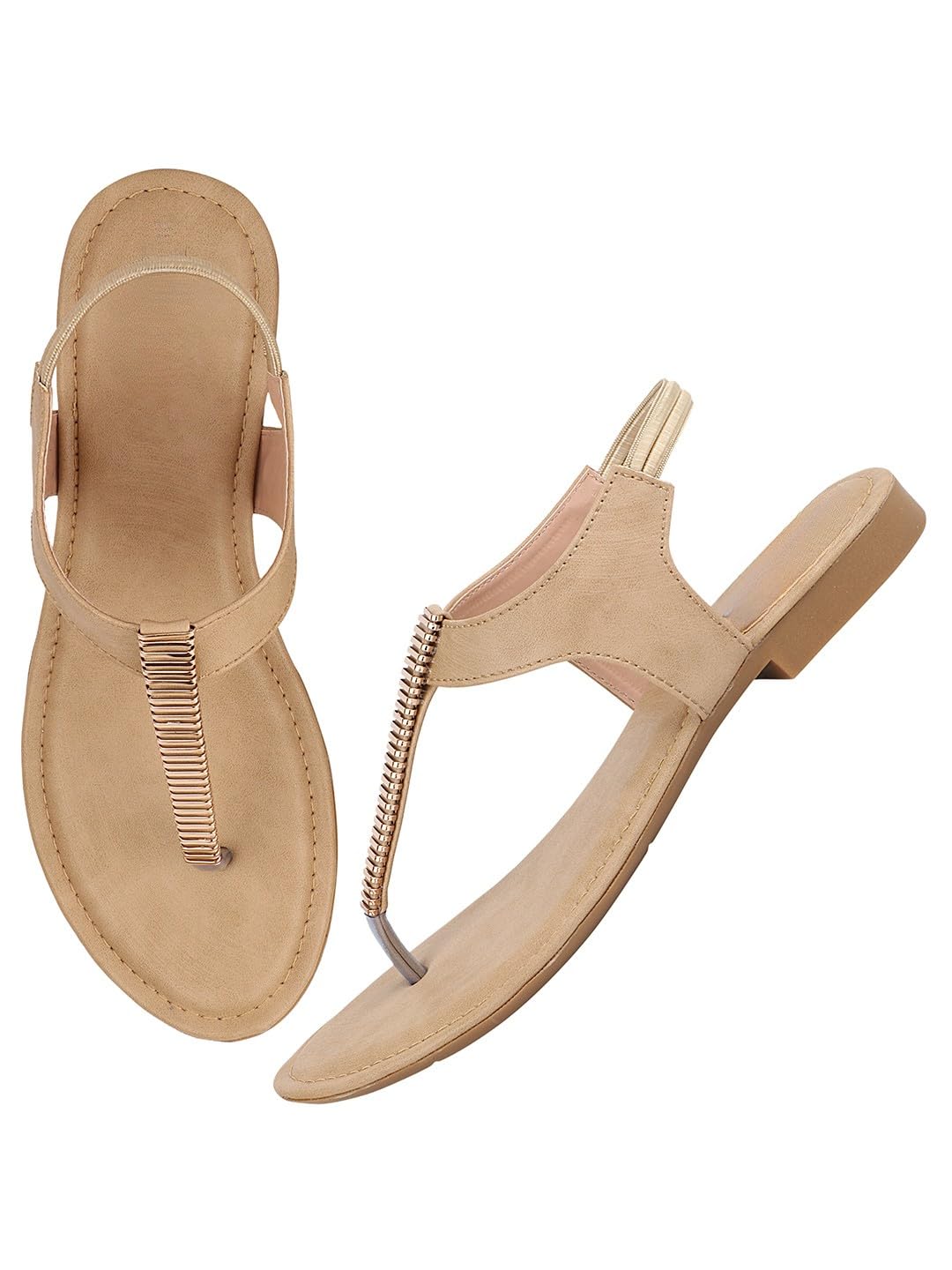GLEMATOZ Women's Beige Flat Sandals Stylish T-Strap Slip-On Flats Casual Comfortable ||Stylish Summer Footwear with Slip-on Closure Party EU41