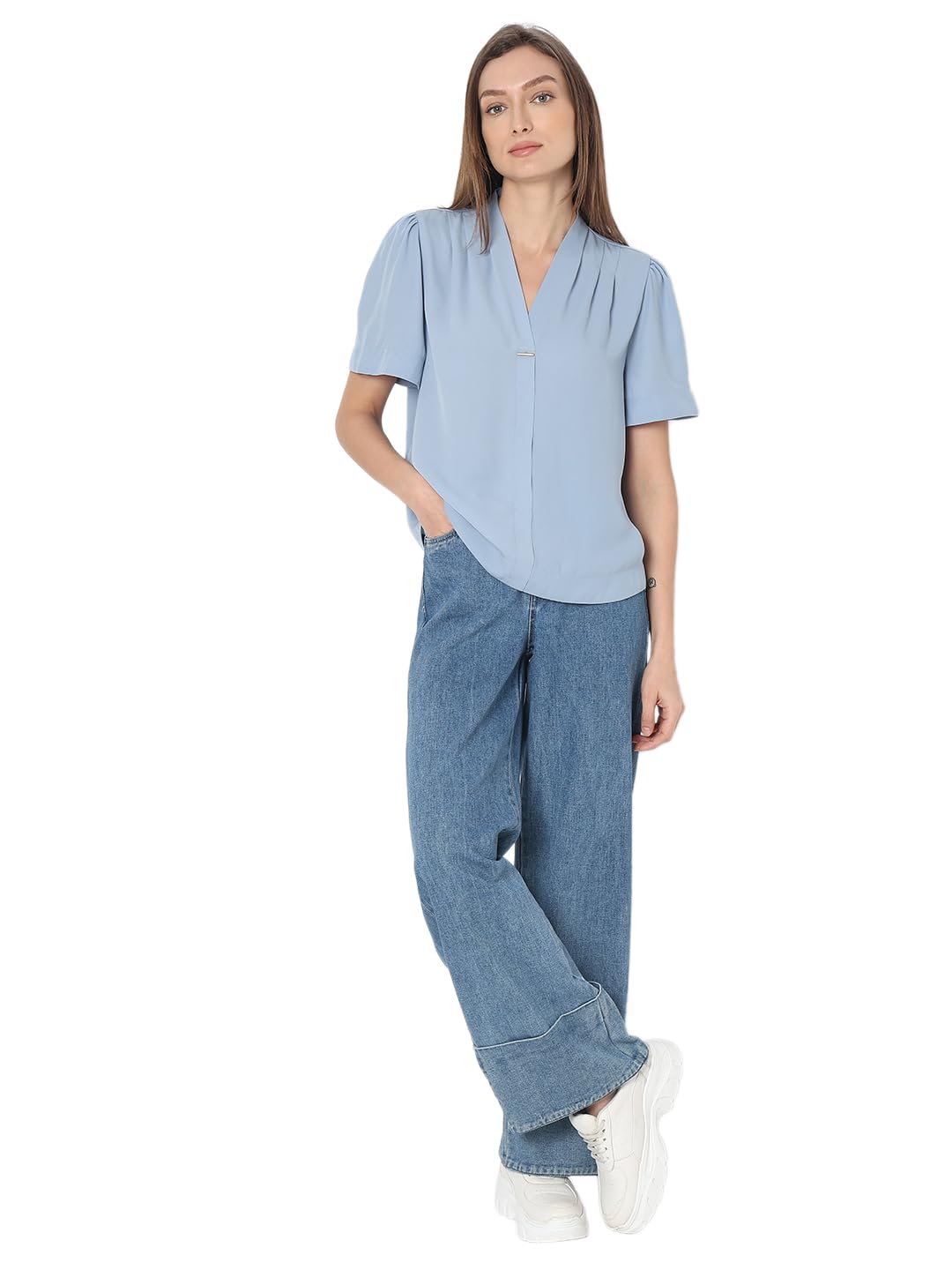 VERO MODA Women Solid Blue Polyester Regular Fit Top