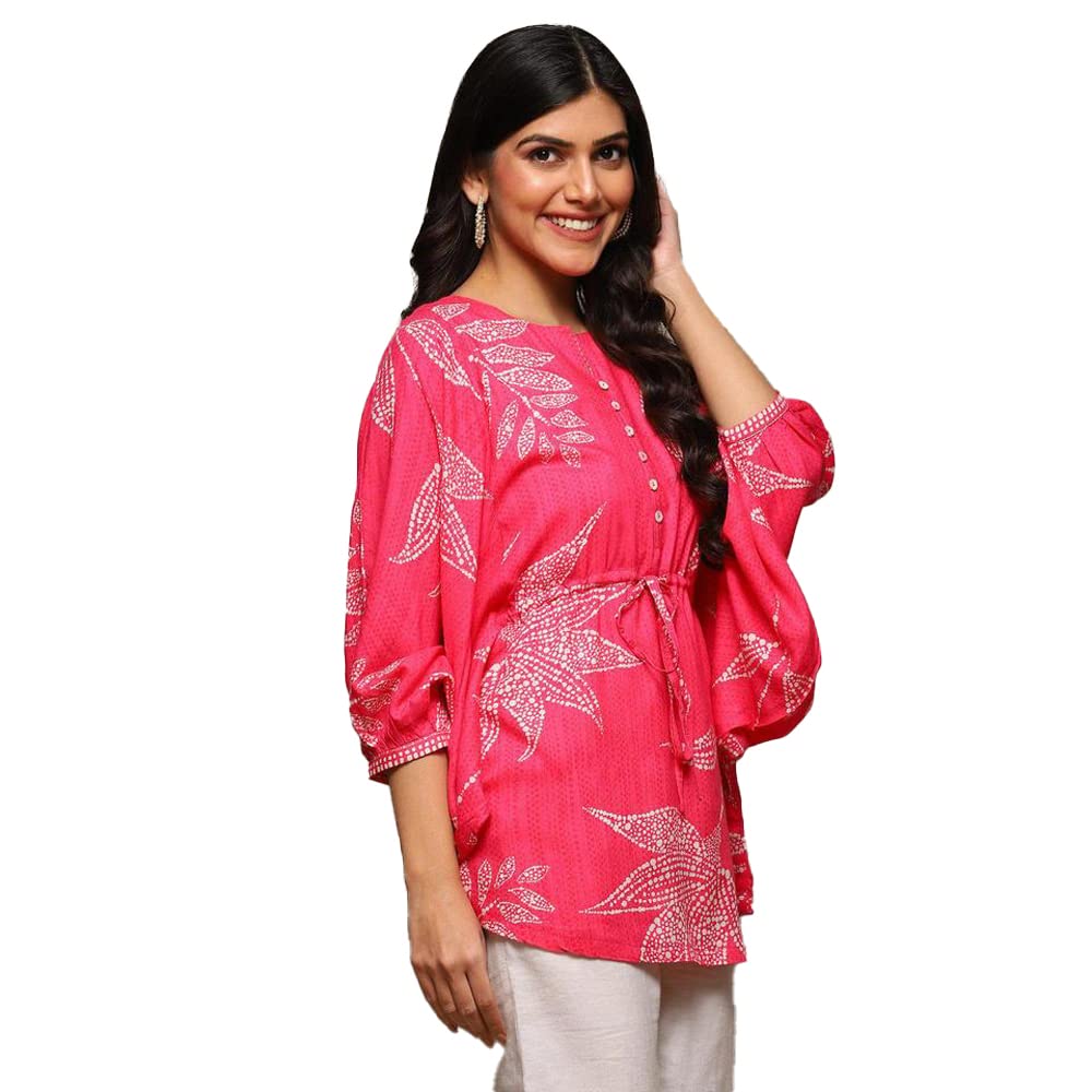 BIBA Women Rayon Printed Straight Top(African 19087_Pink_M)