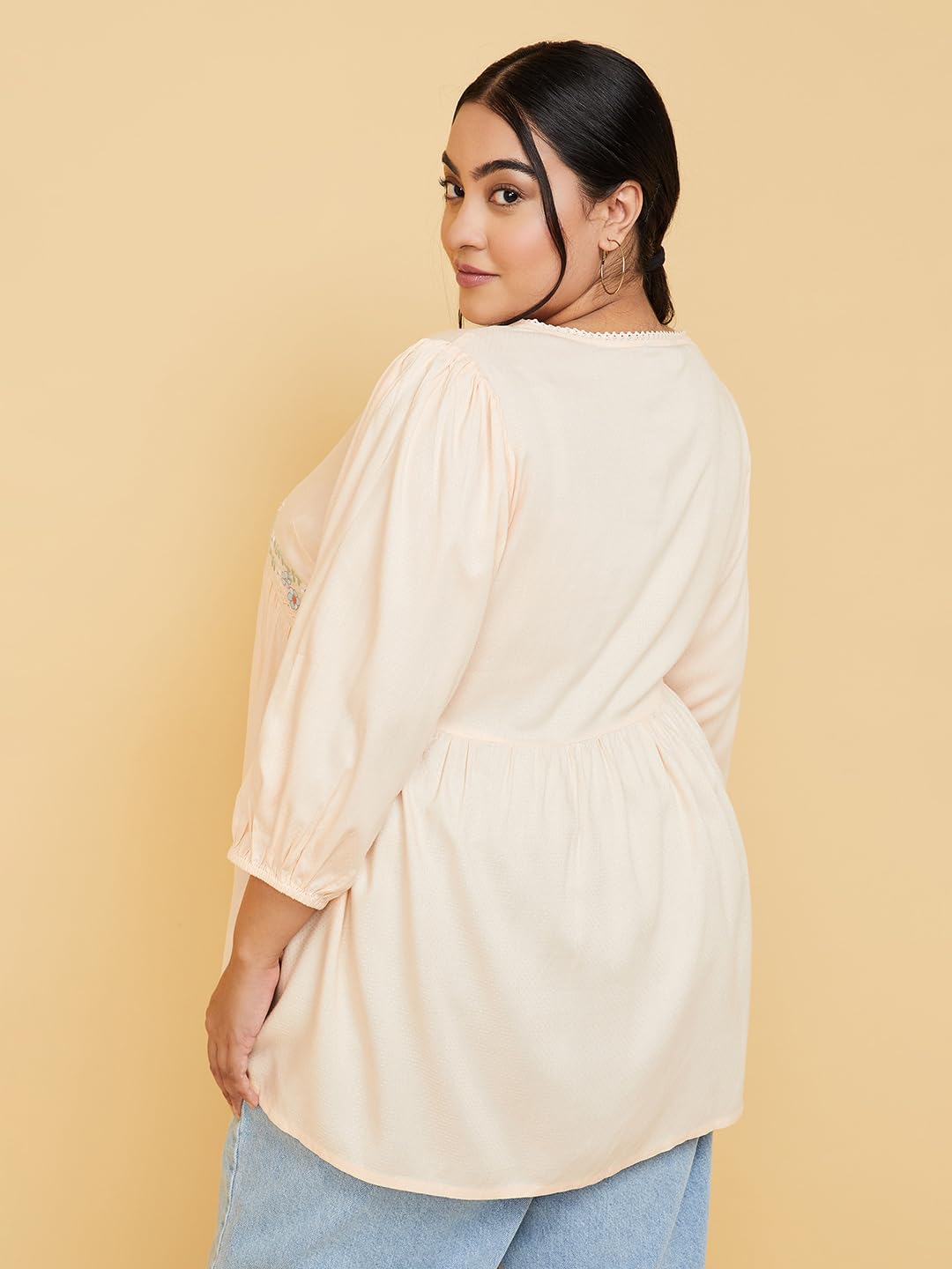 Max Women Plus Size Rayon Embroidered V-Neck Tunic (TNC3204P_Peach)