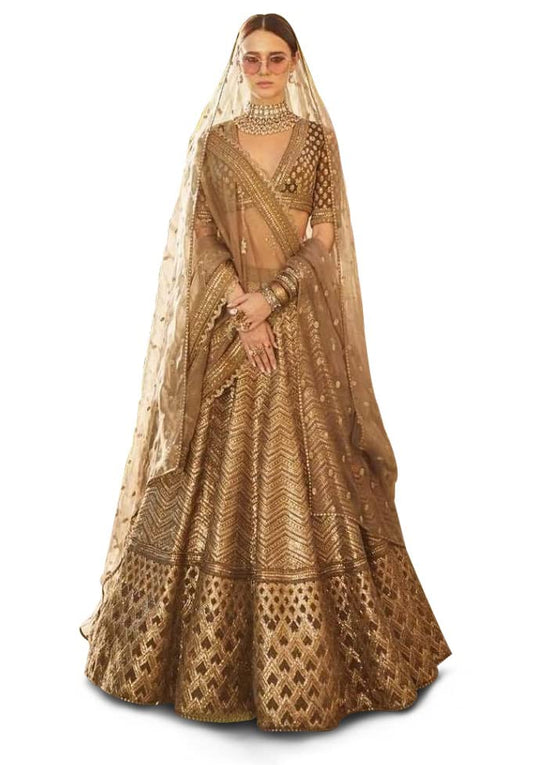 Zeel Clothing Women's Silk Semi-Stitched Lehenga Choli (Bridal Golden And Brown_Free Size)