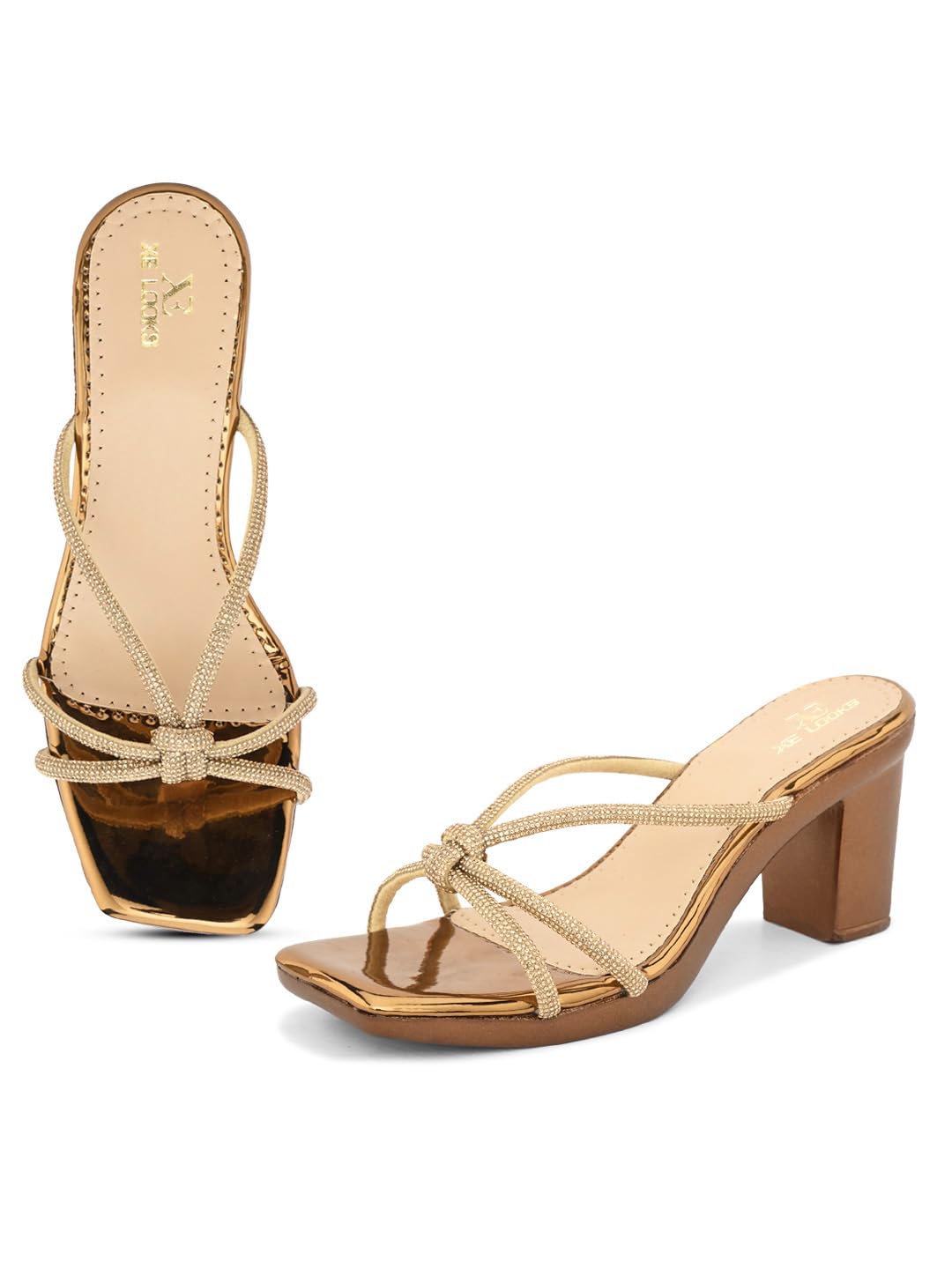 XE Looks Women's Copper Block Heels | Elegant Knotted Braided Straps | Stylish & Comfortable Heels | Fashionable Block Heels For Girls & Women