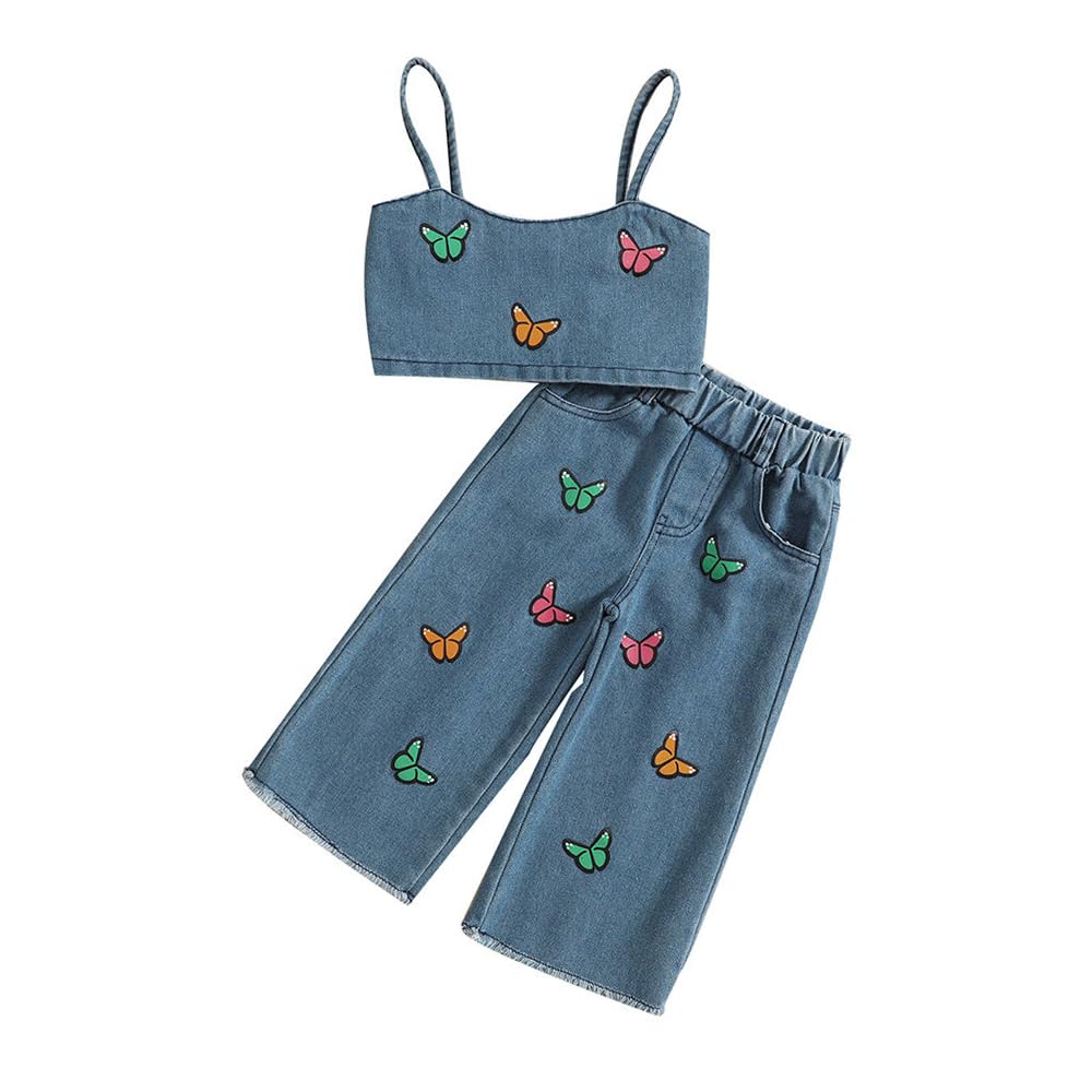 Hopscotch Girls Sleeveless Graphic Print Blue Color Jeans set (2-3 Years)