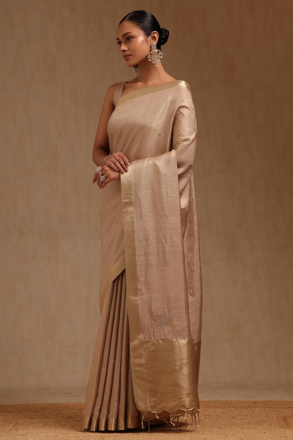 Soch Womens Beige Tussar Solid Saree With Cutdana