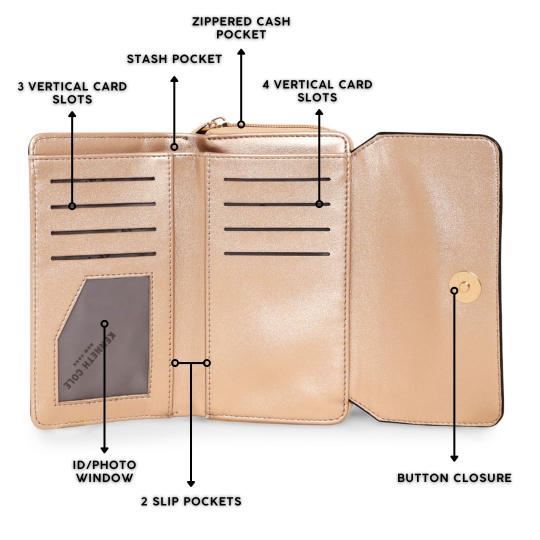 KENNETH COLE Ladies Front Flap Wallet | Women's Tri-fold Clutch Organizer with a Wide 3-Quarter Opening Zip-Around Compartment | Premium PU Leather | Sturdy, Stylish & Secure, GOLD