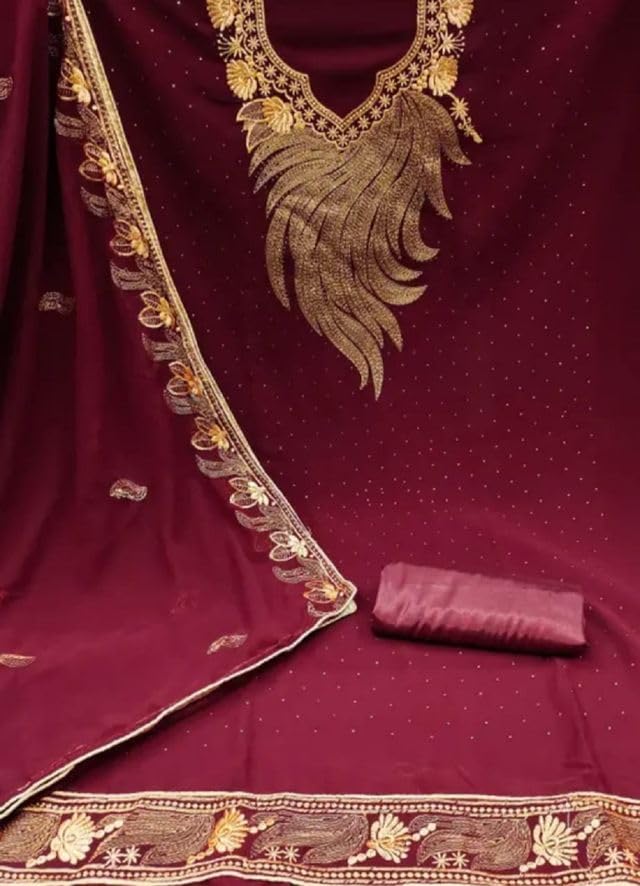 VARNI FABRICS Georgette Dress Material for Women Embroidered Unstitched Woman Salwar Suit Dress Material With Georgette Dupatta Deep Maroon