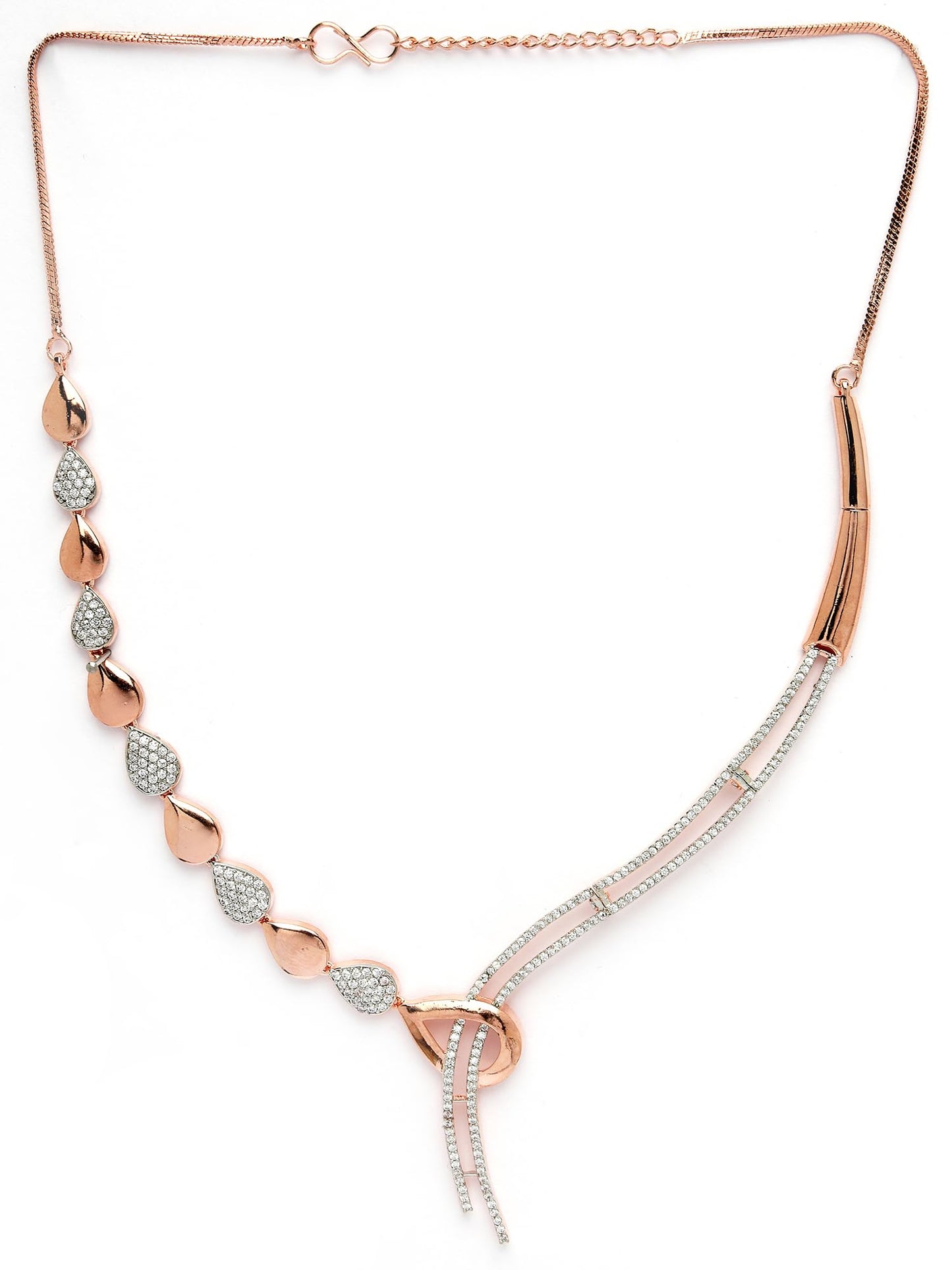 Karatcart Graceful Rose Gold Necklace Set with American Diamond Embellishments and Rhodium Finish