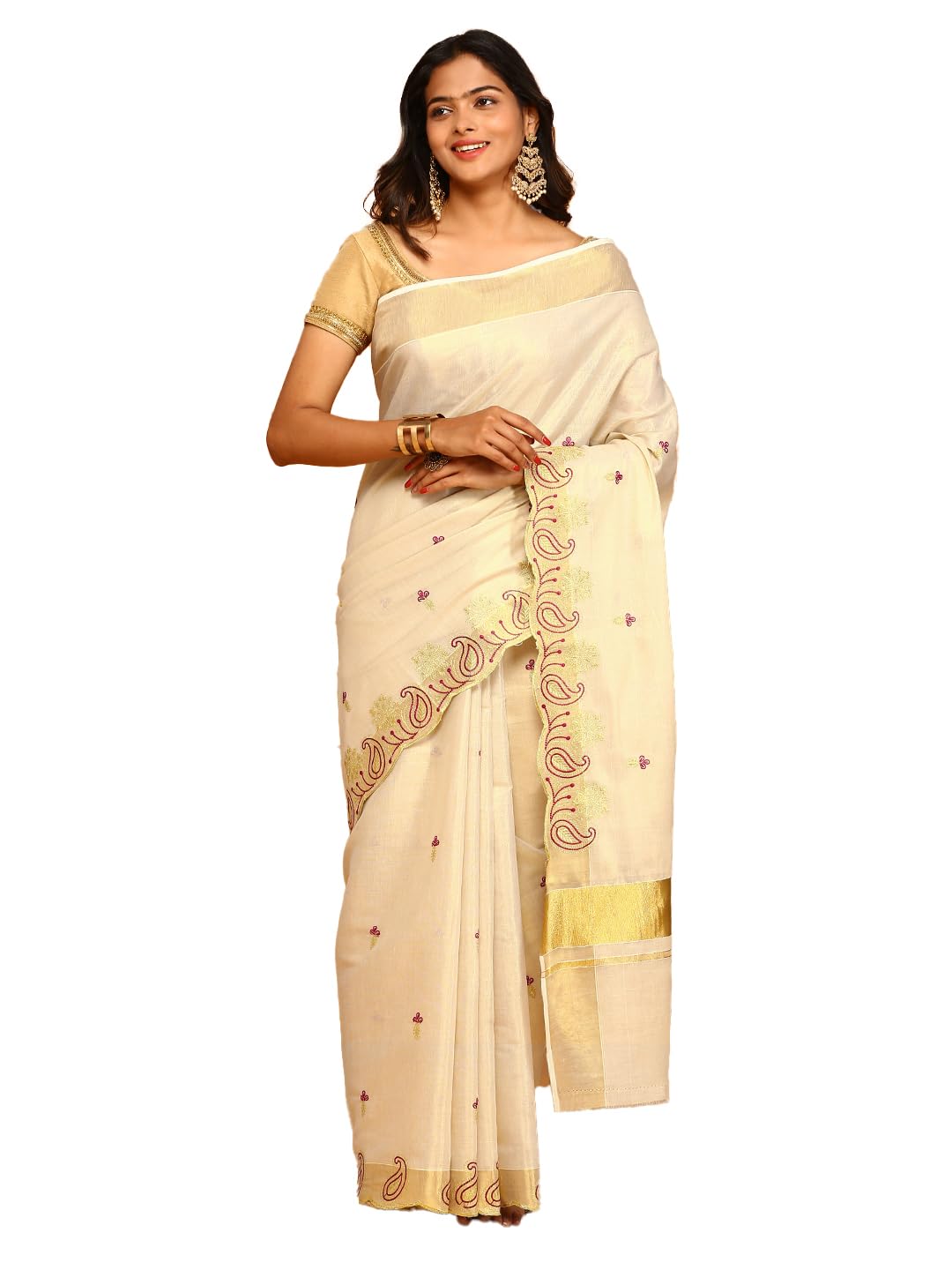 RAMRAJ COTTON Kerala Cream Gold Jari Weaving Saree (Cream_13)