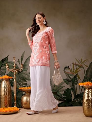 Ada Women Cotton Blend Regular Fit Hand Embroidered Lucknowi Chikankari Printed Kota Doria Short Kurti Top Tunic with Slip A911440 Peach (XL)