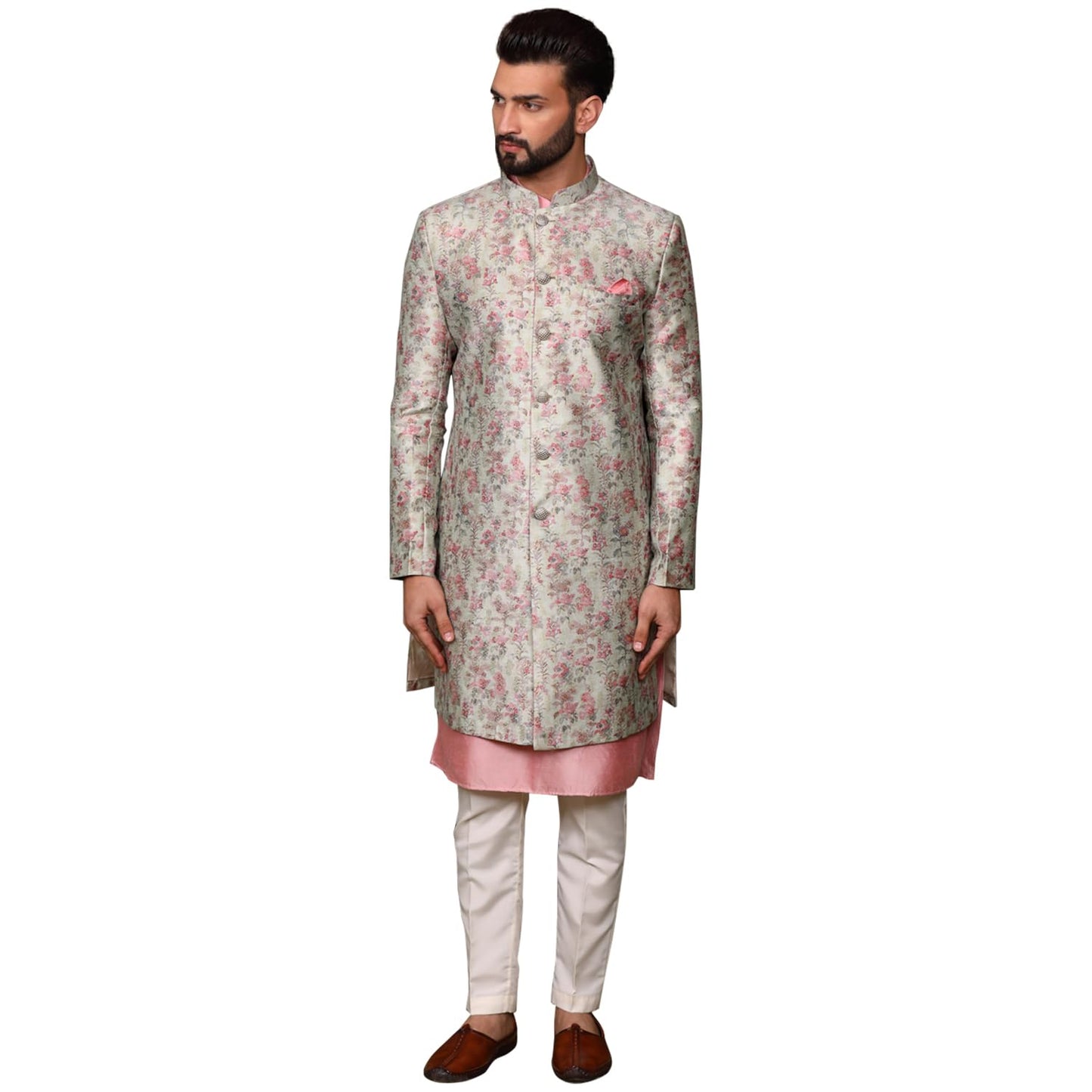 KISAH Men's Ethnic Wear Silk Blend Woven Design Regular Fit Multi Kurta Indo Western Sherwani Set