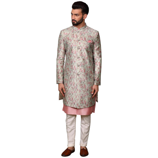 KISAH Men's Ethnic Wear Silk Blend Woven Design Regular Fit Multi Kurta Indo Western Sherwani Set