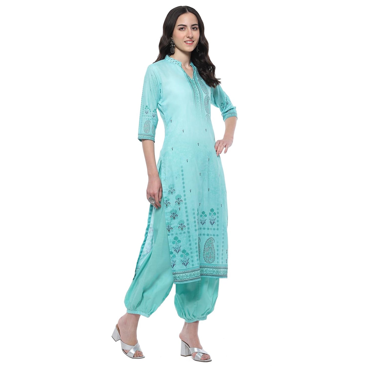 BIBA Women Cotton Blend Digital Print Unstitched Suit Set,Blue