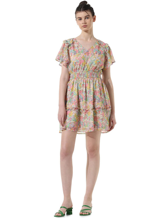 ONLY Women Printed Polyester Above Knee Multicolor Tiered Dress