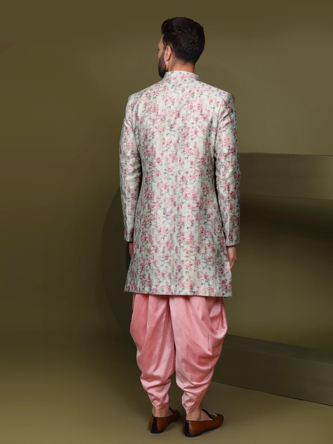 KISAH Men's Ethnic Wear Silk Blend Woven Design Regular Fit Multi-Pink Indo-Western Sherwani Set Indo-Western|42