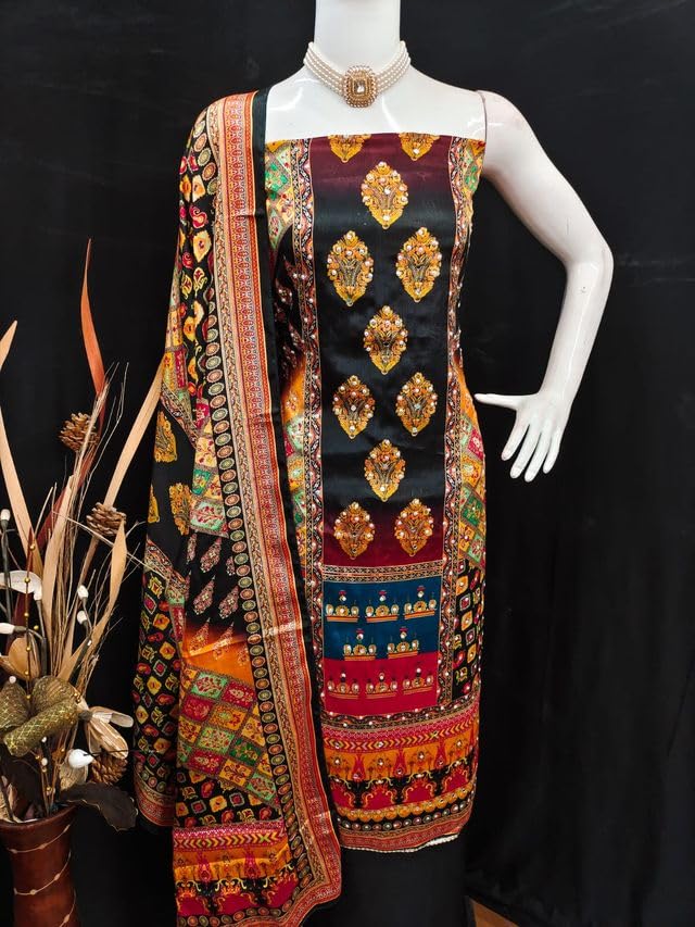 VARNI FABRICS Chinnon Dress Material for Women Pakistani Print Unstitched Woman Salwar Suit Dress Material With Chinnon Dupatta Black