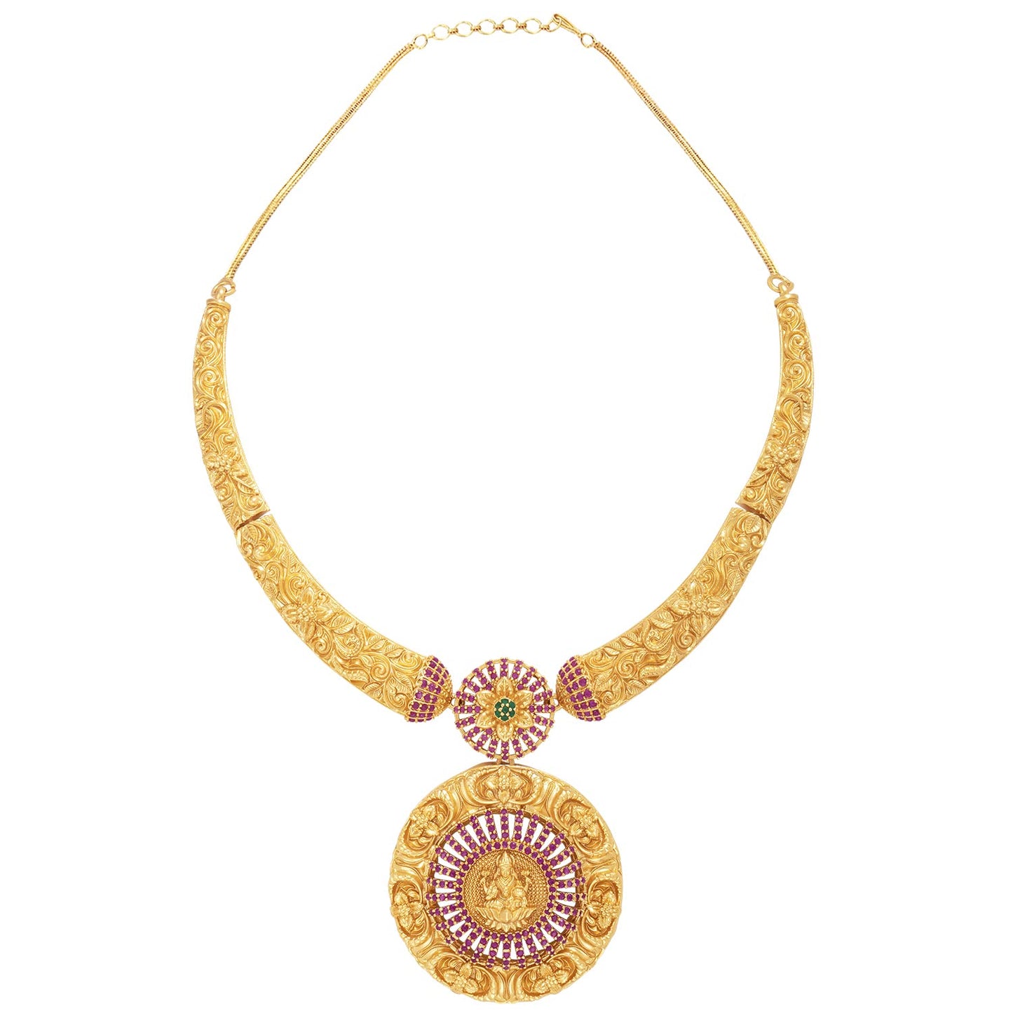 Peora Gold Plated Red Green Goddess Laxmi Stud Pendant Necklace Earring Temple Jewellery Set for Women