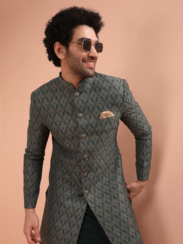 KISAH Men Grey Jacquard Kurta Indowestern Sherwani Churidar Set with Floral, 38