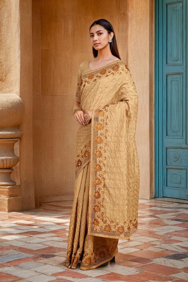 Soch Womens Beige Embroidered Tussar Saree With Cut Work