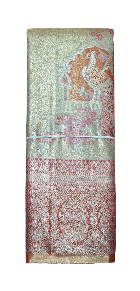 VFCollections Women's Kanchipuram Silk Pure Pattu Sarees – Peacock Border with Blouse (VFC694-4)