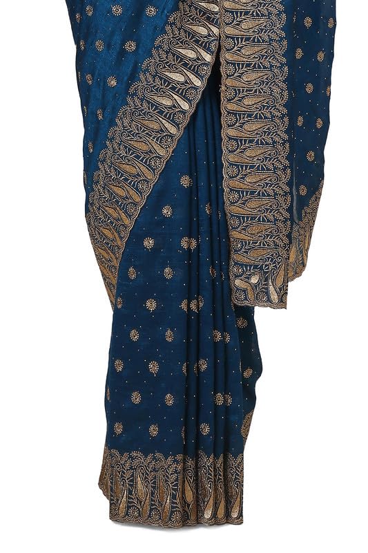 Soch Womens Teal Tussar Embroidered Saree With Stone Work