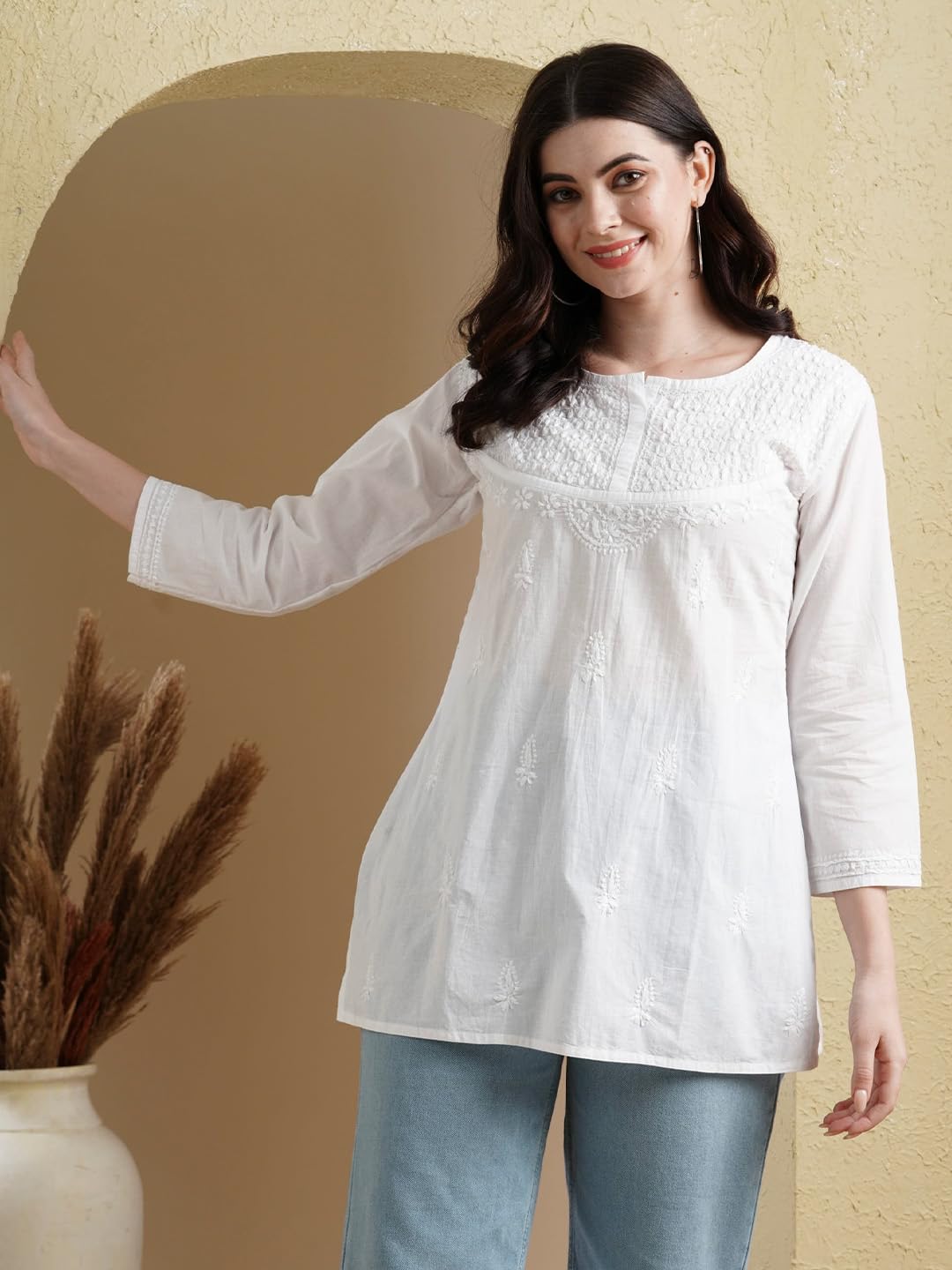 Ada Hand Embroidered Lucknow Chikankari Straight White Cotton Top Tunic Kurti for Women A296140 (6XL)