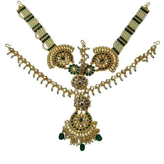 Accessher Gold Plated Traditional Kundan & Pearl Bridal Mathapatti/Sheeshphool with Transparent Invisible Maangtikka Supporter for Women & Girls.