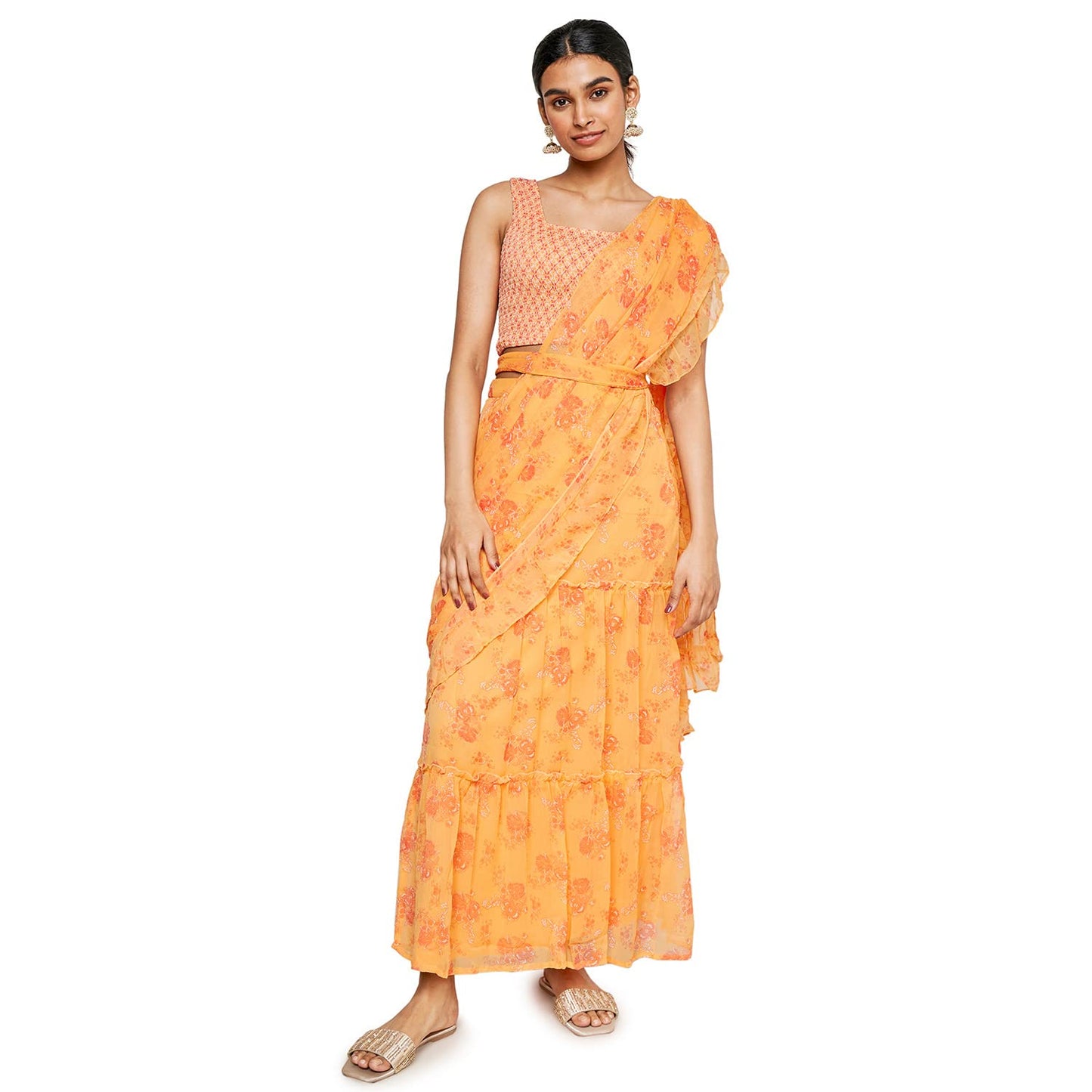 global desi Women's Polyester Stitched Saree (SS22GM037SSCH_Orange)