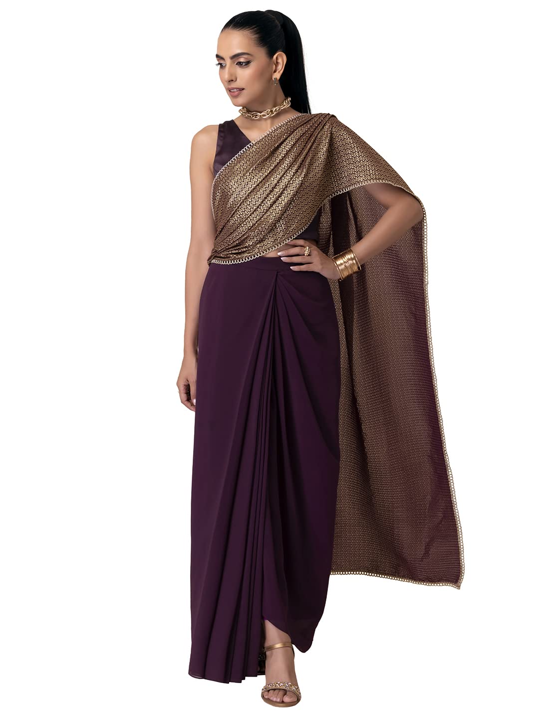 Indya Printed Georgette Womens Fushion Saree (Purple, Medium)