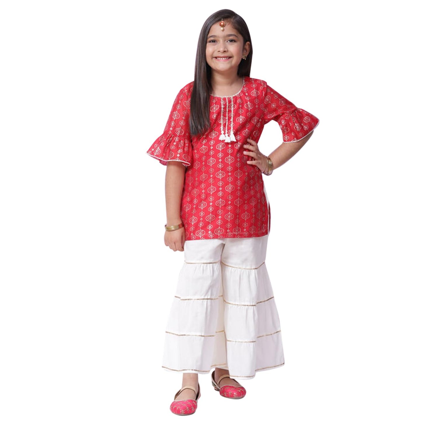 BIBA Girls Polyester Flared Printed Suit Set(KW5065E_11_Red)