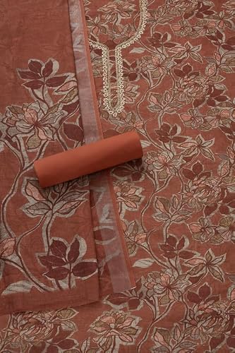 Soch Womens Earth Linen Floral Unstitch Dress Material With Beads And Stones