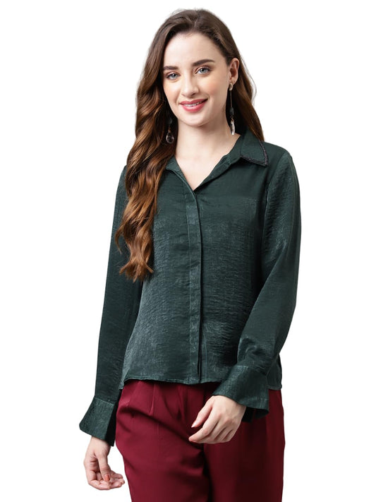 Latin Quarters Women's Green Bottle Full Sleeves Solid/Plain Collar Neck Polyester Top_L