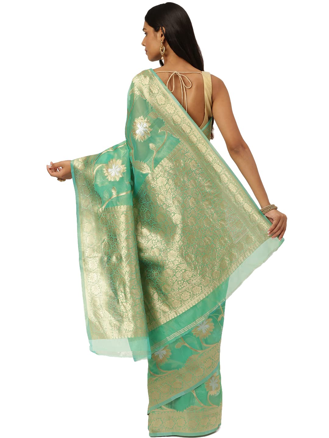 KARAGIRI Womens Organza Silk Green Saree With Blouse Piece