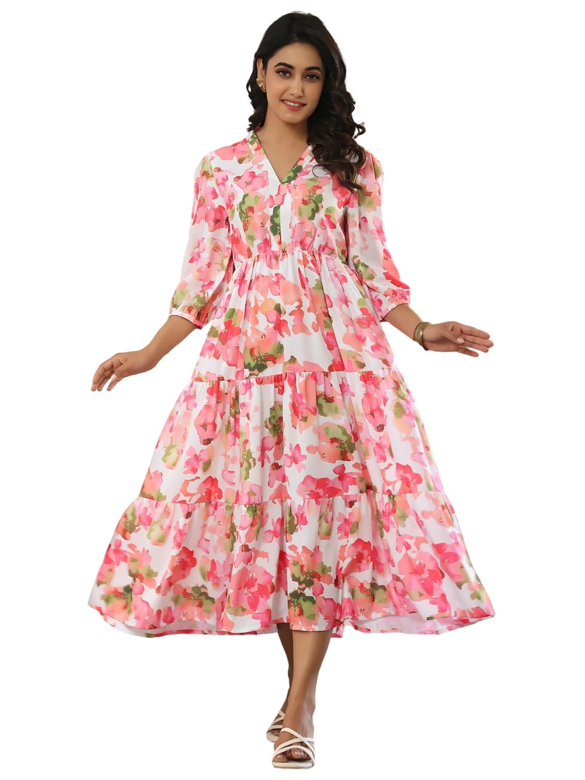 LERIYA FASHION Women's Floral Printed Western Midi Dress | Fit & Flare A-Line Casual Summer Dress with V-Neck & 3/4 Sleeves | Stylish Long Frock for Daily, Party & Office Look Light Pink