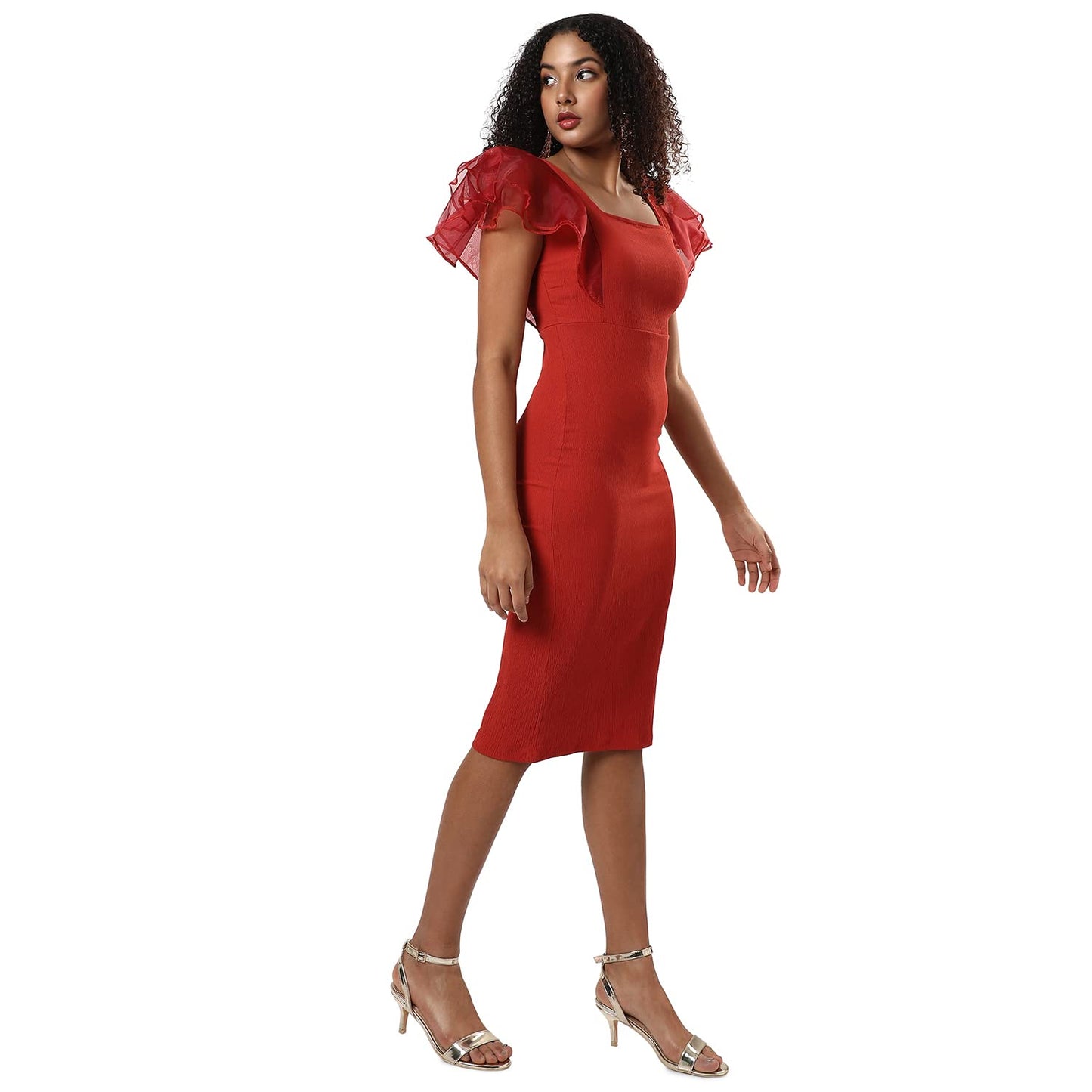 Campus Sutra Women's Solid Red Short Sleeve Midi Length Regular Fit Dress for Casual Wear | Square Neck Dress Crafted with Comfort Fit and High Performance for Everyday Wear