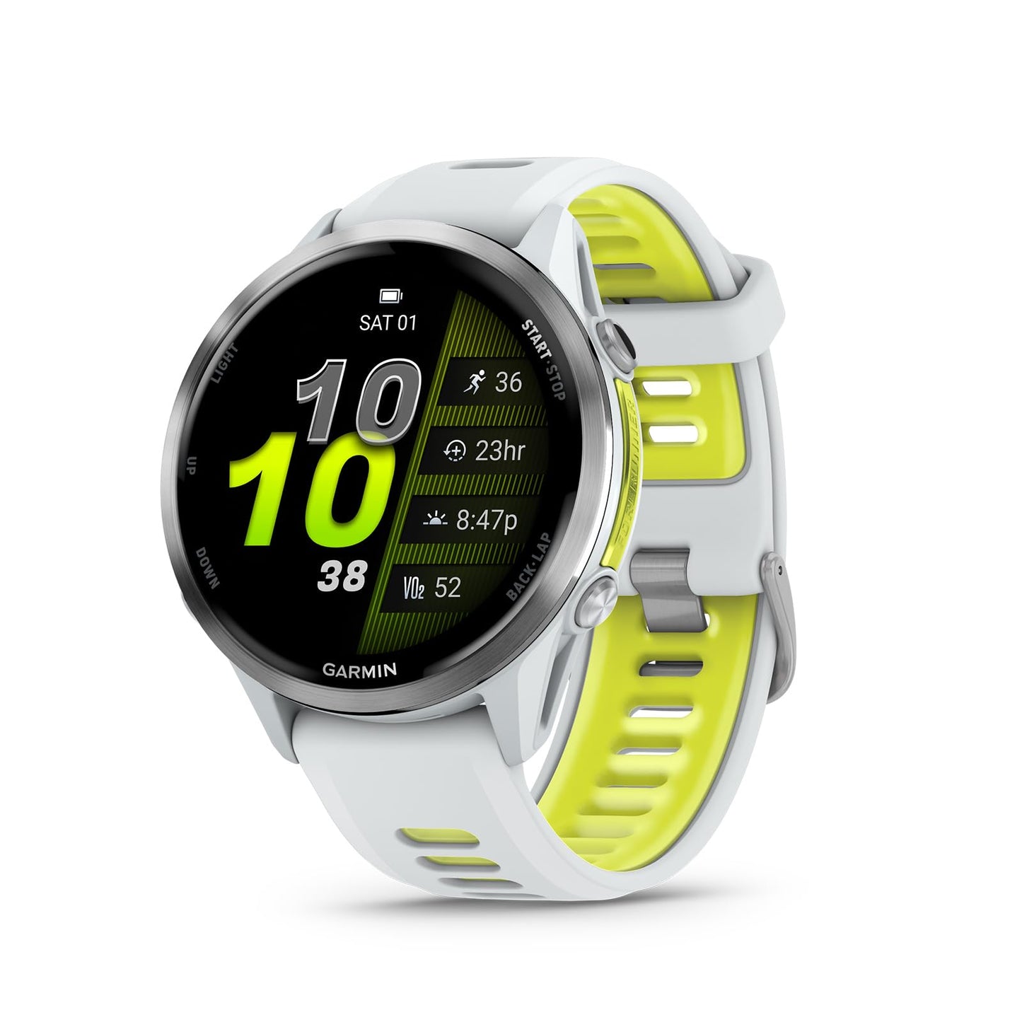 Garmin® Forerunner® 970, Premium GPS Running and Triathlon Smartwatch, AMOLED Display, Built-in LED Flashlight, Titanium with Whitestone Case and Whitestone/Translucent Amp Yellow Band
