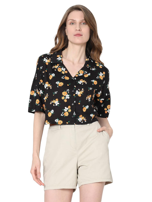 VERO MODA Women Floral Print Black Viscose Boxy Fit Crop Length Shirt